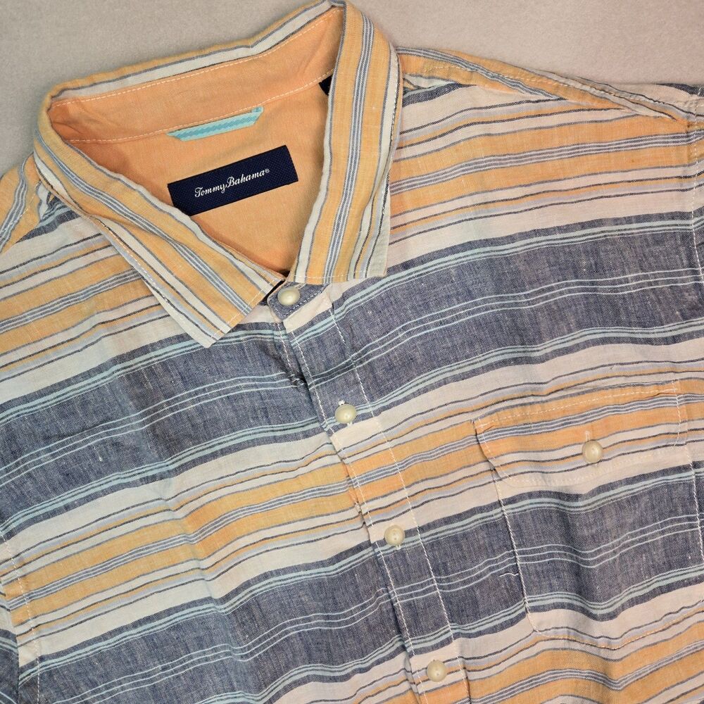 Tommy Bahama 100% Linen Striped Button Front Shirt Orange Blue XXL Short Sleeve